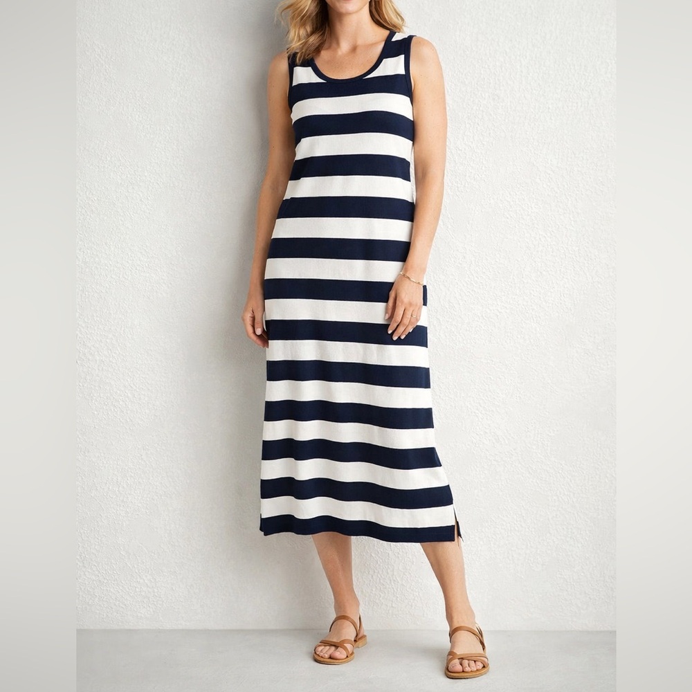 J.Jill Fit Stripe Sleeveless Knit Dress XL Navy Blue Cream Cotton Midi Length